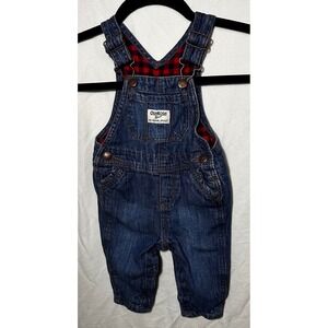 OshKosh Bgosh Denim Overalls Baby Infant Red Plaid Lined Pockets Cute